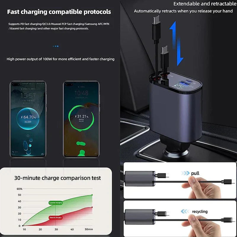 Retractable 4-in-1 Car Charger شاحن سيارة 4 في 1 قابل للسحب