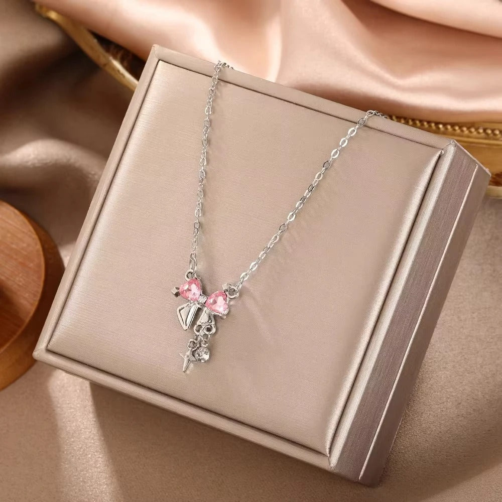 Sweet Pink Bow Necklace Ladies Fashion Sparkling Rhinestone Star