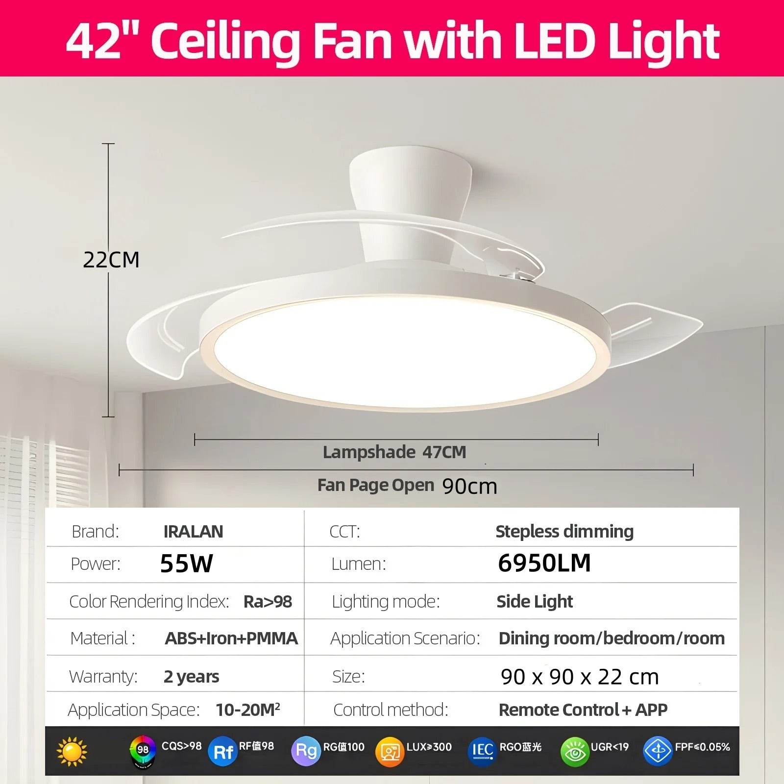 Jelena Invisible Fan Light with 3 Retractable Blades Bedroom Living Room
