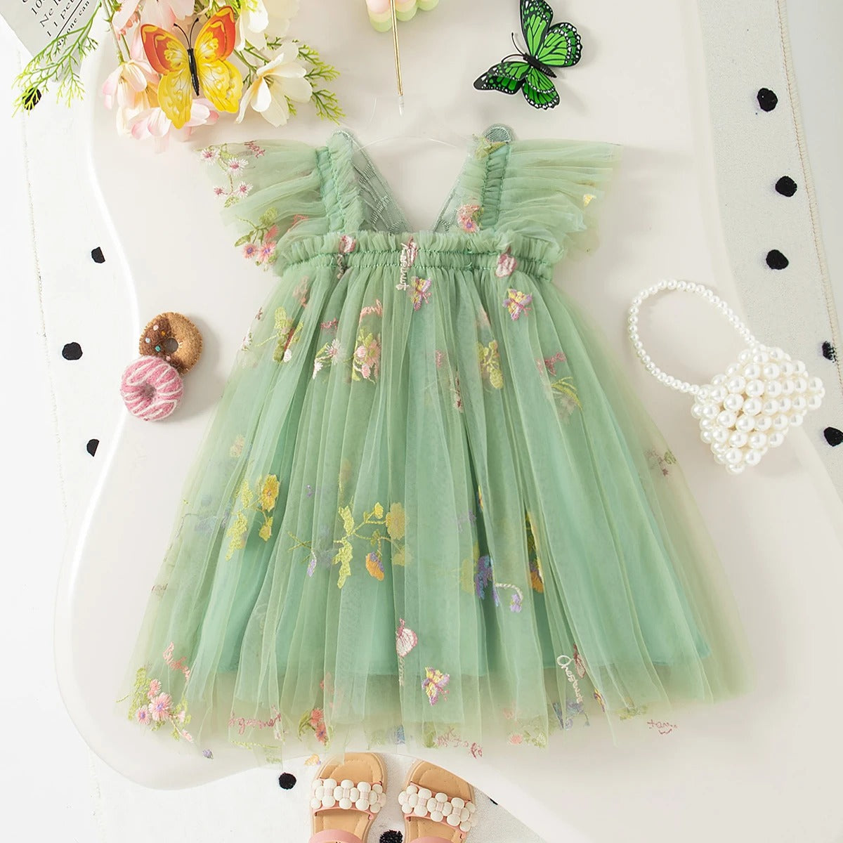 Girls' Dress Summer Floral Mesh Little Flying Sleeve Baby Girl Dress